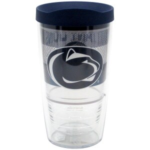 plastic double wall tumbler with Penn State Athletic Logo and stripes